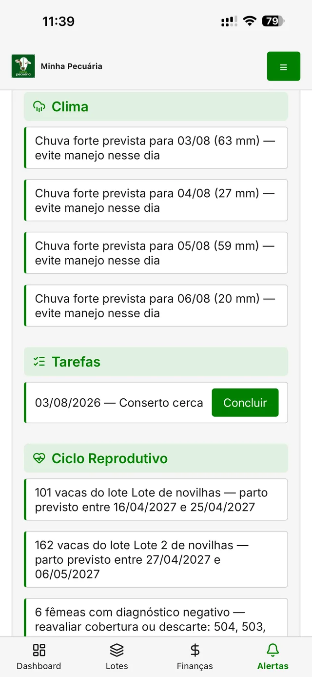 Tela de Alertas do app Minha Pecuária