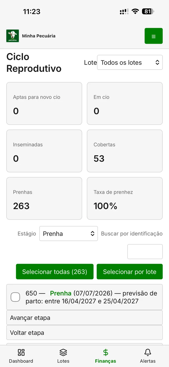 Tela do Ciclo Reprodutivo do app Minha Pecuária