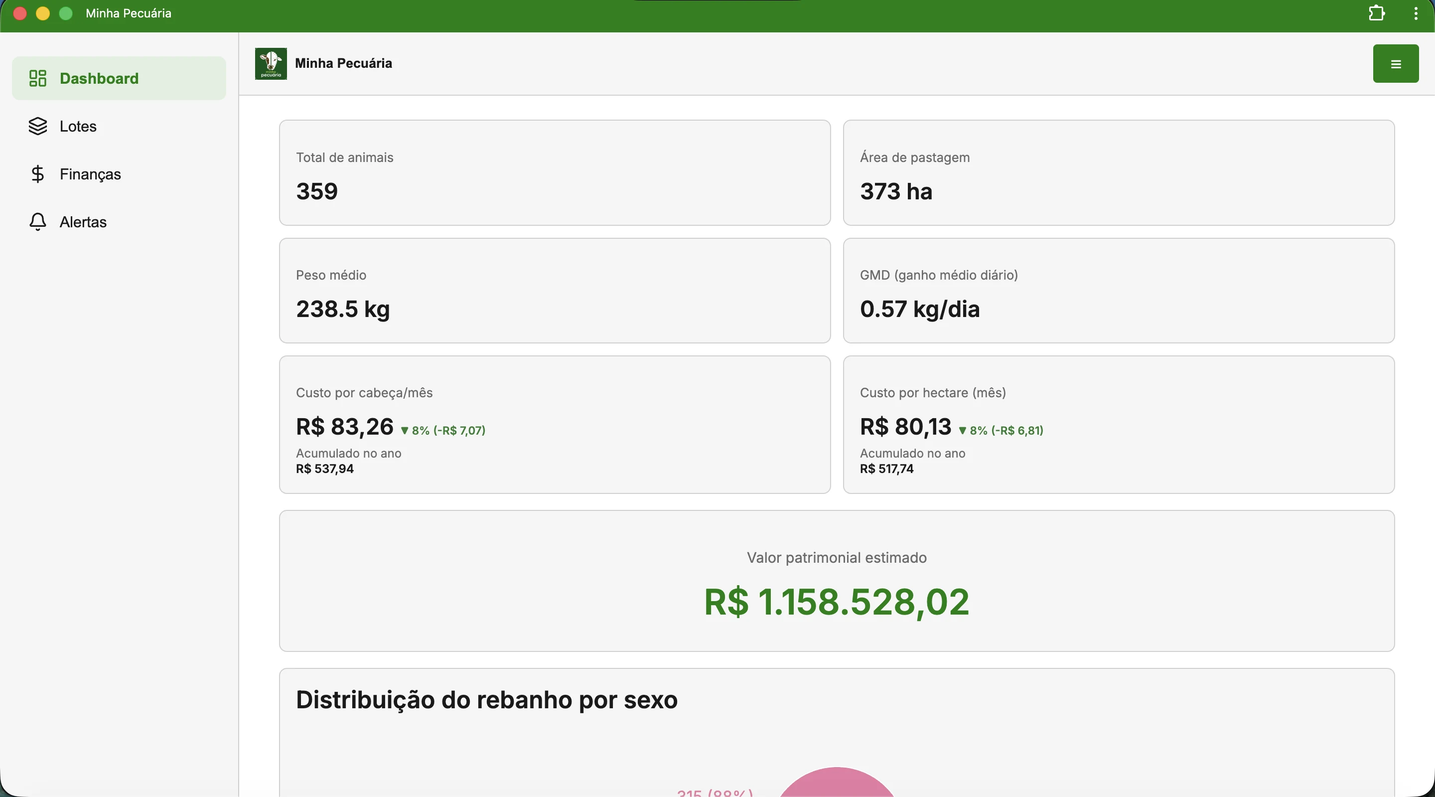 Tela inicial do app Minha Pecuária no computador
