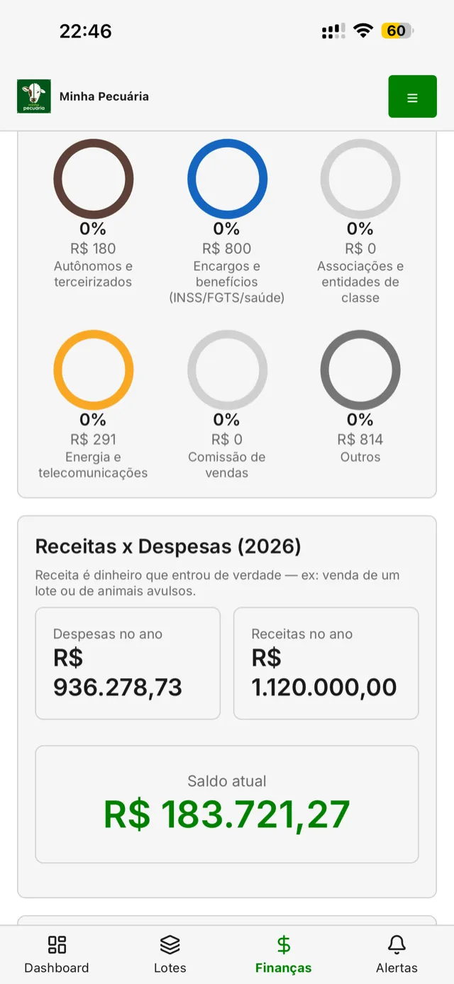Tela de Finanças do app Minha Pecuária — gastos por categoria e saldo do ano
