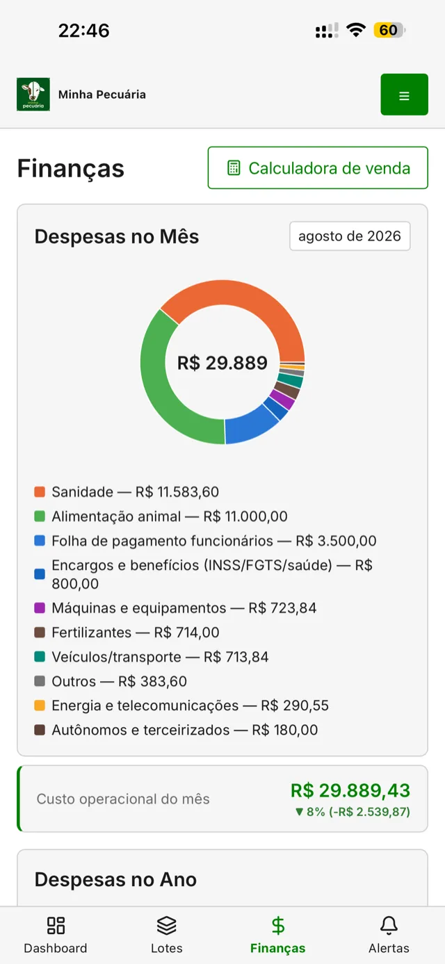 Tela de Finanças do app Minha Pecuária — despesas do mês e do ano