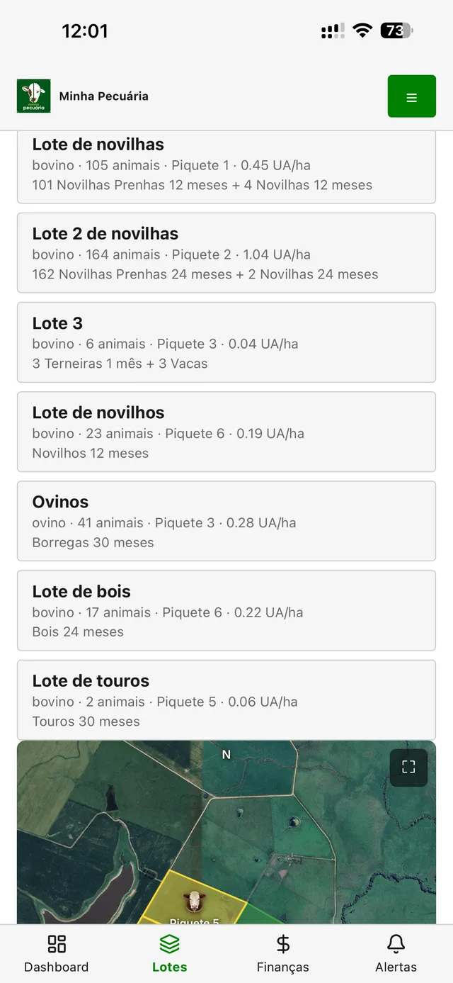 Tela de Lotes do app Minha Pecuária — piquete, categoria e idade de cada lote