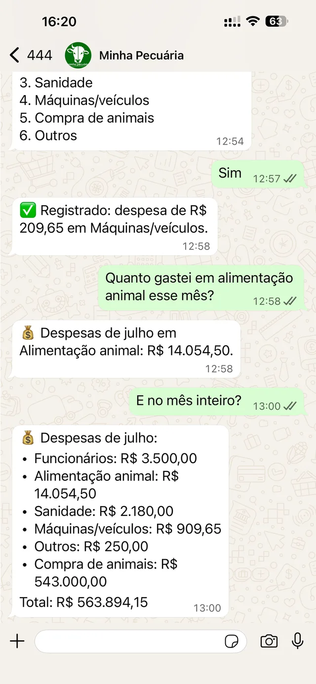 Conversa real de WhatsApp com o bot da Minha Pecuária respondendo um gasto por categoria